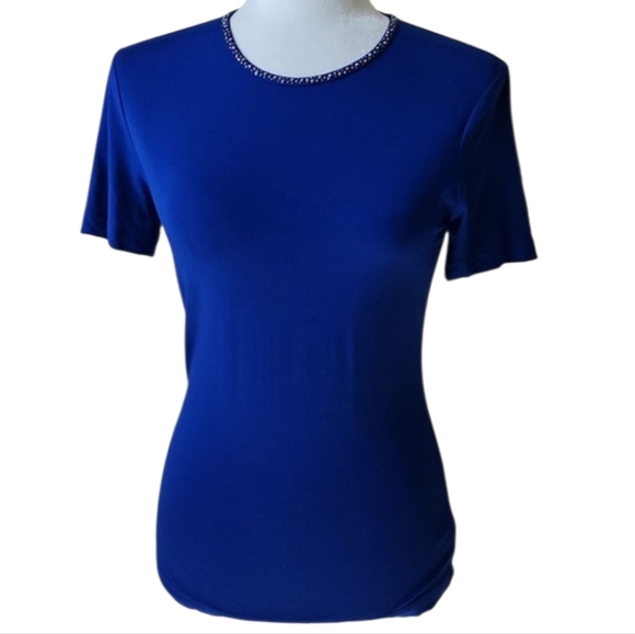 St. John Tops - ST. JOHN Viscose Blend Short Sleeve Top With Embelleshed Neckline, Size P (XS)